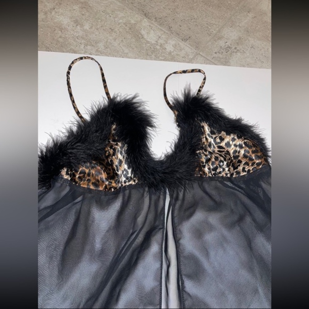 Seductive Wear by Cinema Etoile black leopard feather sheer babydoll cami size L - Picture 4 of 6